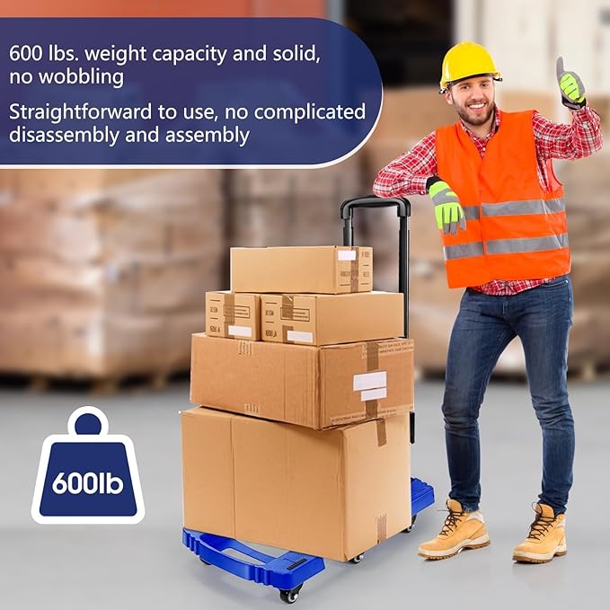 Folding Hand Truck with 6 Wheels and Elastic Ropes - Portable Heavy Duty Dolly Cart for Travel and Moving