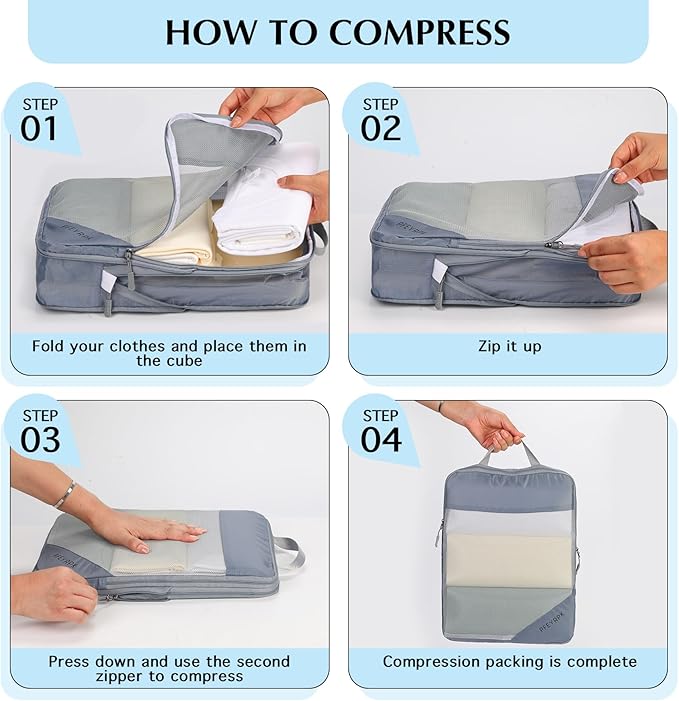 PFEYRPK Lightweight Compression Packing Cubes for Suitcases, Compressible Expandable Travel Packing Organizer with Clear Toiletries and Backpack Bag, Travel Essentials for Carry on Luggage 7 Set