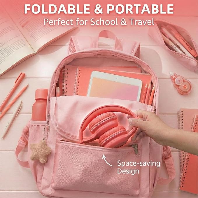 ADOOPE Wired Kids Headphones with USB C Plug, 85dB Safe Volume, Adjustable Headband, Tangle-Free Cord Headphones for School, Tablet, Travel (Coral Red & Soft Peach, Without Microphone)