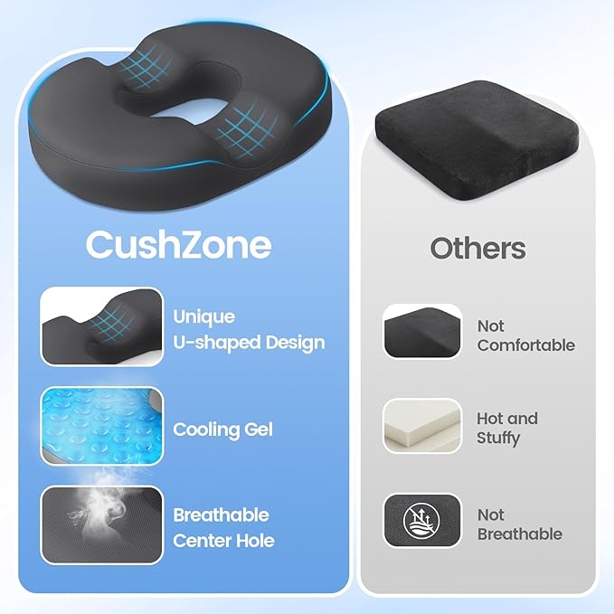 Donut Pillow Seat Cushion - Cooling Gel Donut Chair Cushions, Memory Foam Seat Cushion for Office & Home, Car Seat Cushion and Butt Pillow, Hemorrhoids Pillow and Tailbone Pain Relief, Grey