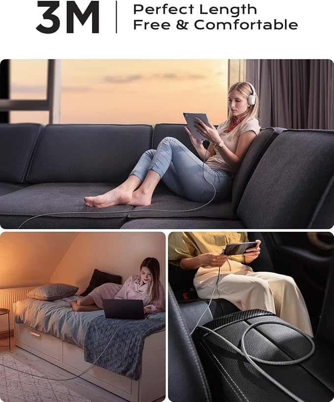 AINOPE 240W Long USB C Cable Multi 4 in 1 Charging Cable Fast Charging C Type Charger Fast Charge USB to USB C,Right Angle Fit iPhone 17 16 15 Pro Max iPad Samsung 10FT Black