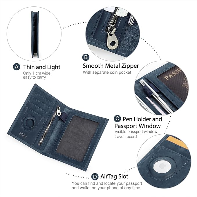 CONTACTS Full Grain Leather Passport Holder RFID Blocking Travel Passport Wallet Compatible with Airtag Passport Cover Case with 4 Cards Slots, Coin Pocket (Blue)