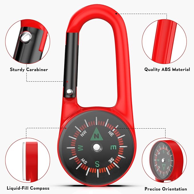Carabiner Clip On Compass Keychain, Mini Pocket Compass for Hiking, Camping, Fishing, Portable Small Compass Survival, Lightweight Keychain Compass for Kids and Outdoor Adventures
