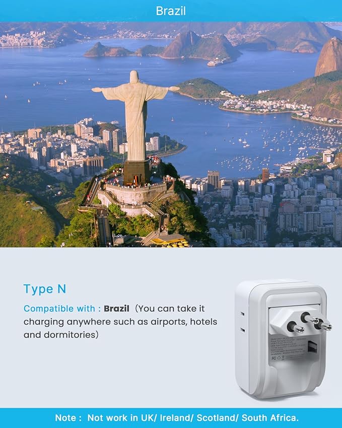1 Pack Brazil Power Adapter, VINTAR Foldable US to Brazil Travel Adaptor with 4 American Outlets 3 USB Ports(2 USB C), 7 in 1 Type N Plug Adapter for USA to Brazilian Brazil