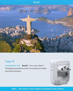 2 Pack Brazil Power Adapter, VINTAR Foldable US to Brazil Travel Adaptor with 4 American Outlets 3 USB Ports(2 USB C), 7 in 1 Type N Plug Adapter for USA to Brazilian Brazil