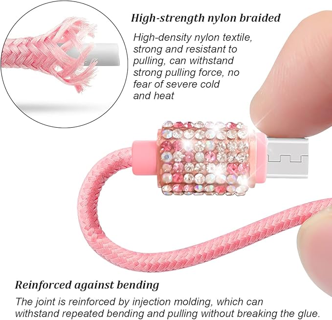 Bling Dual USB Car Charger with 3-in-1 Multi Fast Charging Cable, Dual Port Charger Adapter with Type C Micro USB Cord for iPhone, Android, Rhinestones Car Interior Accessories for Women(Pink)