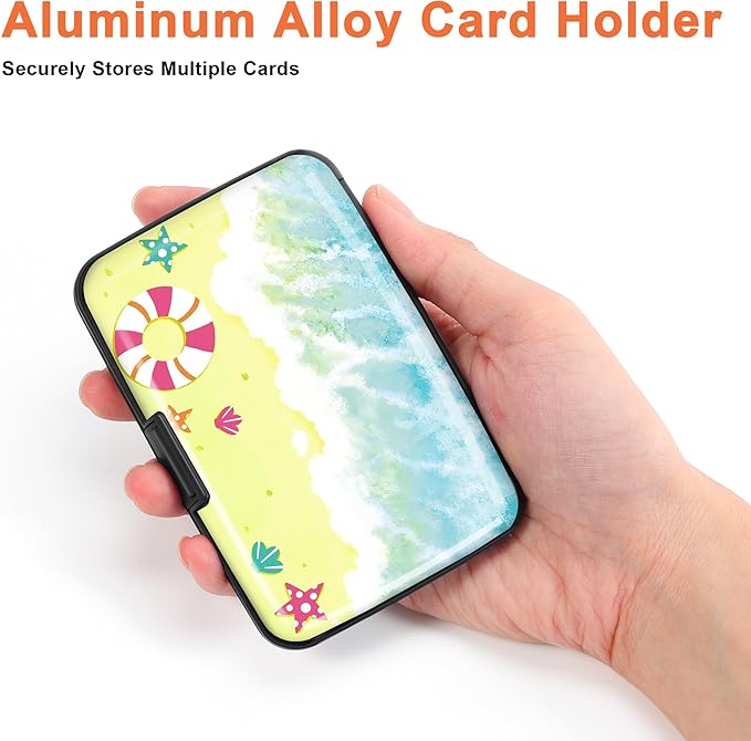Mayski Credit Card Holder, RFID Blocking, Aluminum Alloy Hard Case, Small Mini Business Metal Wallet for Women Men, Beach Bliss
