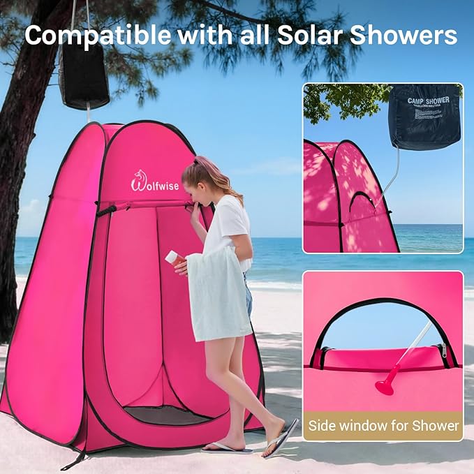 Wolfwise Pop Up Shower Tent for Camping, Portable Instant Changing Tent with Ventilation Window & Carry Bag, Privacy Bathroom Toilet for Beach & Outdoor, Width 47 ", Height 75 ", Rose Red