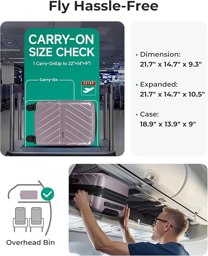 BAGSMART Carry on Luggage 22x14x9 Airline Approved with TSA Lock, 100% Polycarbonate Hardside Suitcase with Spinner Wheels, Rose Purple