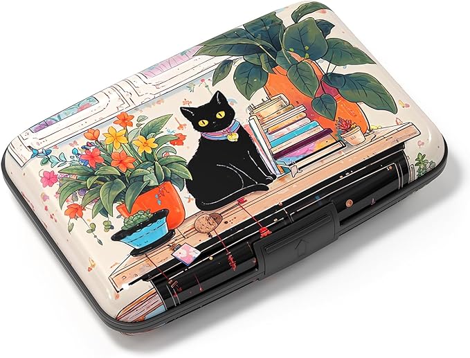 Credit Card Holder, Mini Aluminum Card Wallet RFID Blocking Slim Metal Hard Card Case for Women Men, Cat on Closet