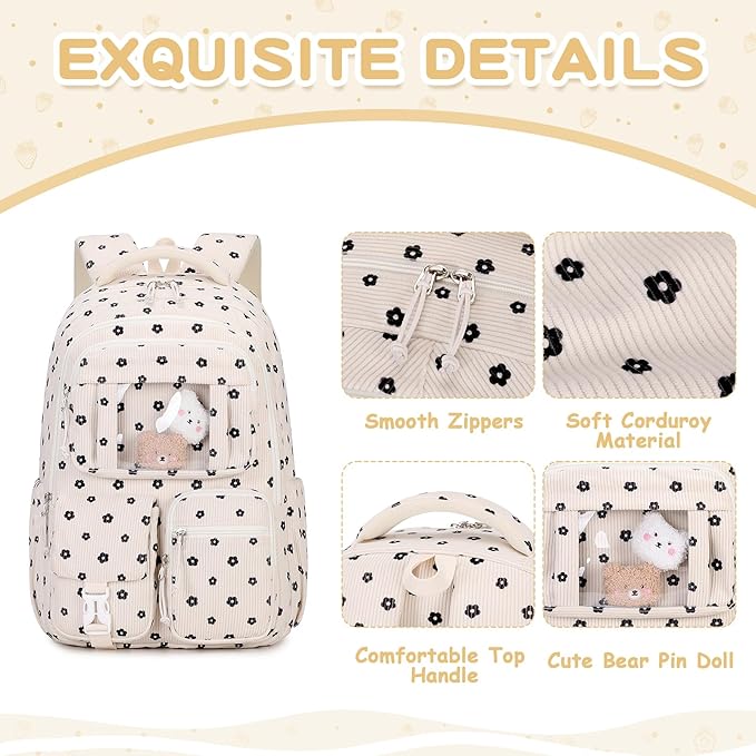PIG PIG GIRL Corduroy Backpack Kids Backpack for Girls School Bags for Middle School Students Book Bag for Elementary Primary Kawaii Ita Backpack, Flower