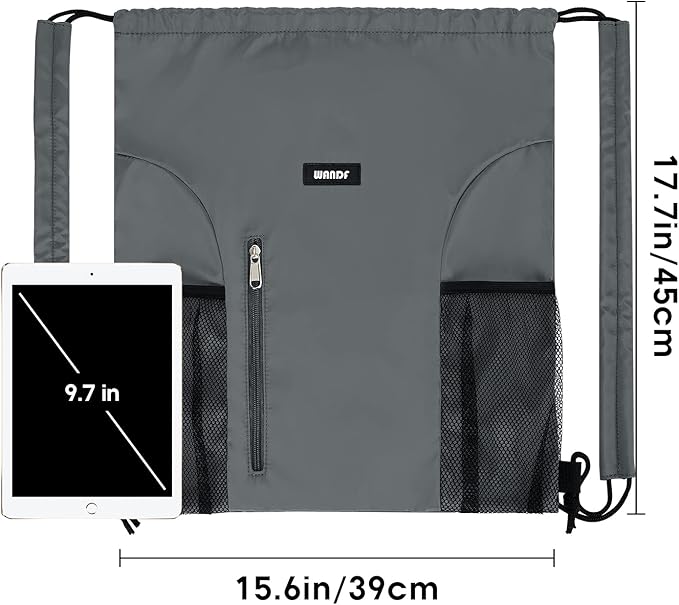 WANDF Drawstring Backpack with Shoulder Pad Sports Gym Backpack with Mesh Pocket String Bag for Women Men(Grey)