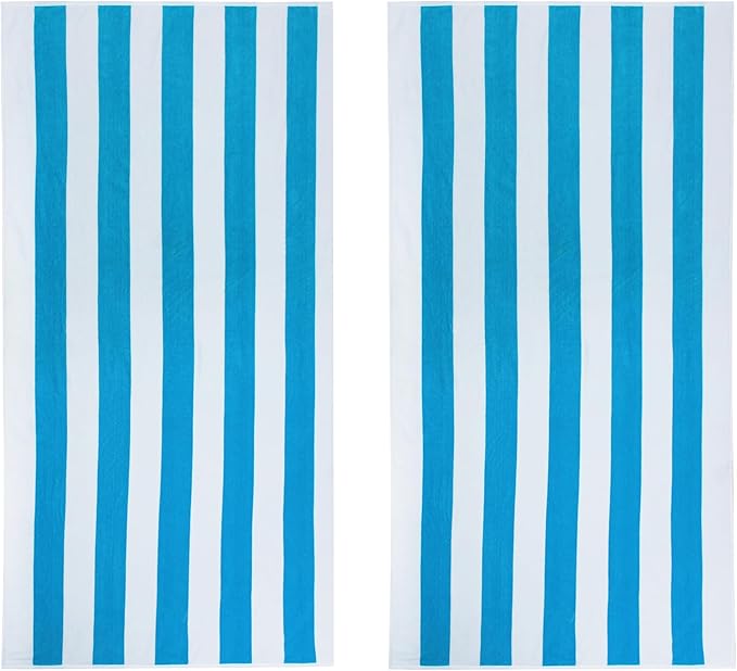 COTTON CRAFT Oversized Beach Towel - 2 Pack 35 x 70 inches XL Beach Towel - 100% Cotton Velour - Big & Huge - Thick Plush 450 GSM Super Soft Luxury Towel - Pool Picnic Bath - Cabana Stripe Aqua