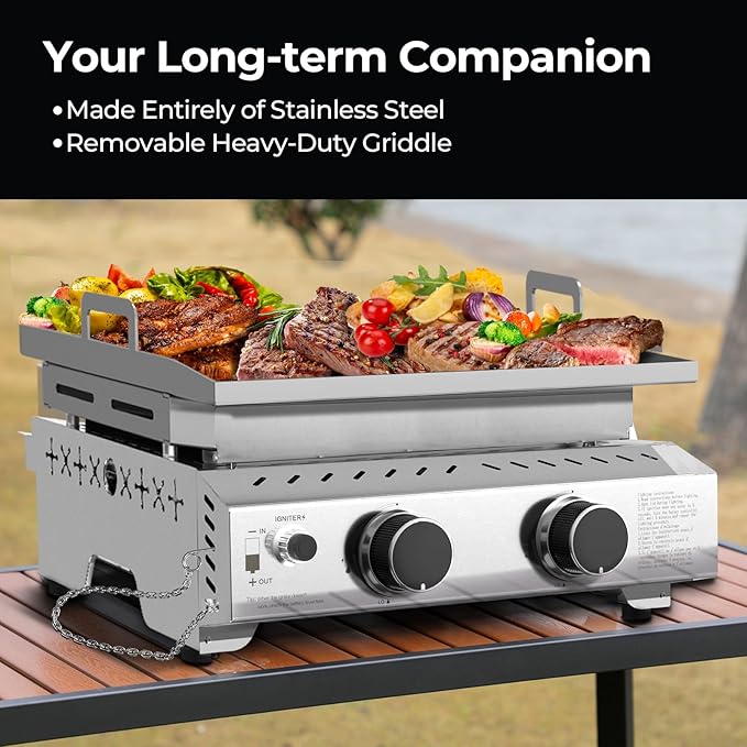 R.W.FLAME Portable Propane Griddle,Stainless Steel Gas Grill,Table Top Grill for Outdoor BBQ,Camping and RVs,Silver (2 Burner)