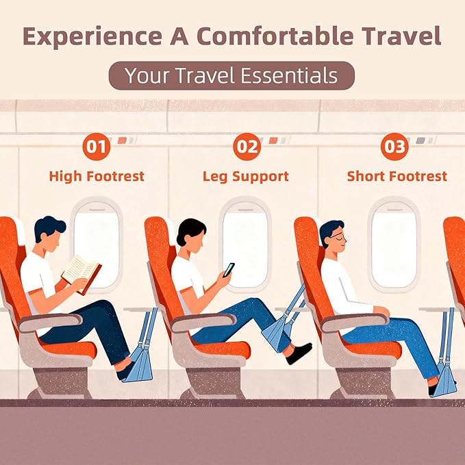 Airplane Foot Hammock, No Collapse Foot Rest for Plane Travel with Extended Adjustment Strap, Portable Desk Foot Hammock with,Cotton Denim, Foot Sling Travel Essentials to Relax Your Feet(Light Blue)