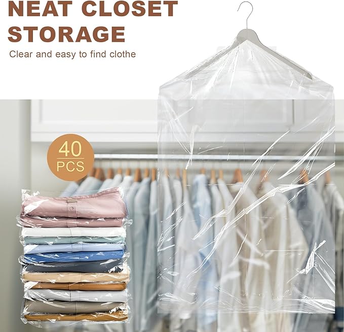 40 Pack Clear Garment Bags for Clothes, Gretchin,(Set of 40, 60x150cm), Clear Clothes Covers Plastic Garment Bags Dry Cleaner Bags Plastic Clear Dry Cleaning Bags for Hanging Clothes Storage