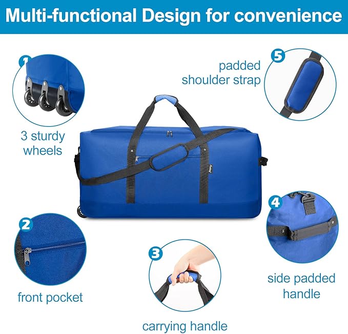 Finnhomy 120L Foldable Rolling Duffel Bag with 3 Wheels, Light Weight Travel Duffel bag with Large Loading Capacity, 32'' Rolling Duffel bag with Shoulder Strap