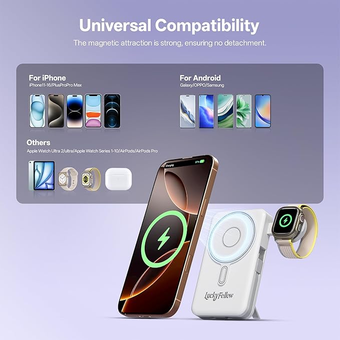 Magnetic Portable Charger Built-in Cables,10000mAh Fast Charging Wireless Charger Station External Battery Pack Slim Pocket Size Power Bank with Stand Compatible with iWatch, iPhone