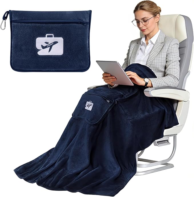 SINLAND Travel Pillow and Blanket 2-in-1 Set,Airplane Packable Bag,Soft and Lightweight Plane Flight Car Trips Travel Essentials Gift,Hand Luggage Sleeve and Backpack Clip,60x50 Inch NavyBlue