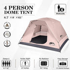 Happy Travel Camping Tent, 4 Person Dome Tents for Camping with Rainfly, Waterproof Clip Easy Setup Portable Family Tent with Mesh Windows, 20% More Headroom Backpacking Tents for Camping & Hiking