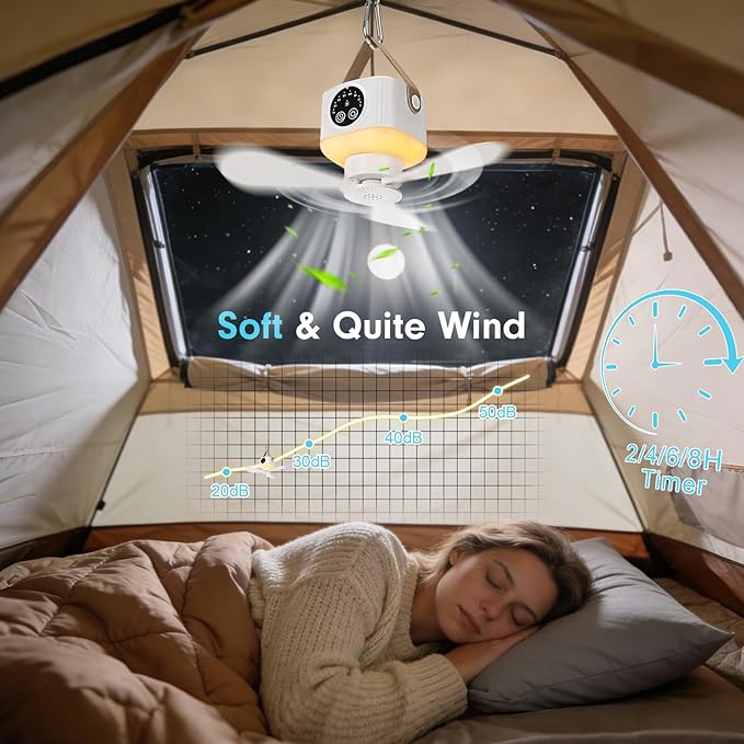 Portable Ceiling Fan with Lights Remote,USB Rechargeable Camping Fan,9.25" Wireless Tent Fan with 4 Speeds,Timer,Battery-Powered Ceiling Fan for RV,Truck,Rooftop Tent,Travel,Camping