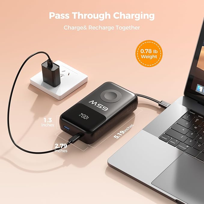 PANDUK Power Bank 20000mAh 65W Laptop Portable Charger for Apple Watch Built-in Cables, USB C Fast Charging Battery Pack LED Display, Travel Essentials for MacBook iPad Tablet iPhone 17 Galaxy S26