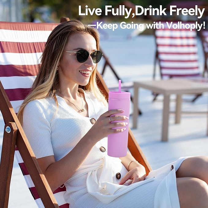 Volhoply 20oz Plastic Skinny Tumblers Bulk 10 Pack,Double Wall Tumbler with Lid and Straw,BPA Free Matte Acrylic Ice Coffee Cups With Straw,Reusable Travel Cute Mug for Party,DIY Gift(Purple,10 Set)
