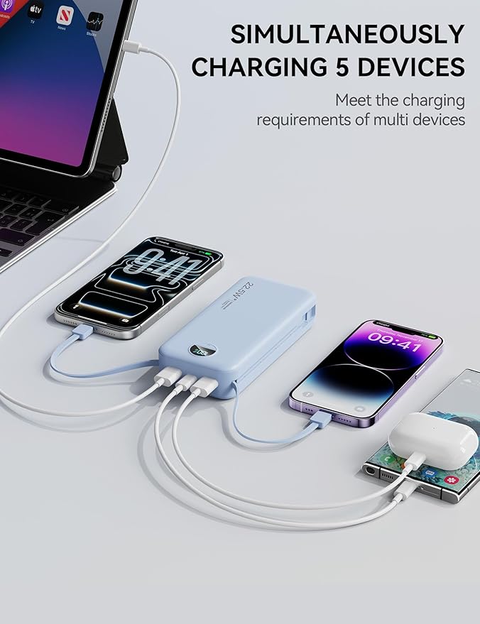 Portable Charger, 20000mAh 22.5W Fast Charging Power Bank with Built-in Cables & Wall Plug, USB C External Battery Pack with LED Display, Travel Essentials Phone Charger for iPhone iPad Samsung Blue