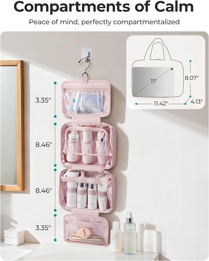 BAGSMART Travel Toiletry Bag for women, Portable Hanging Hook Makeup Bag Organizer, Waterproof Makeup Cosmetic Bag, for Full-Size Accessories, Toiletries, Camel