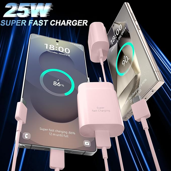 USB C Android Charger Fast Charging Cord, Super Fast Phone Chargers 6.6FT C to C Type Cable with 25W USBC Wall Block for Samsung Galaxy S26 S25 S24 Ultra Plus/S23/S22/S21/S20/Note 20/10, Pink