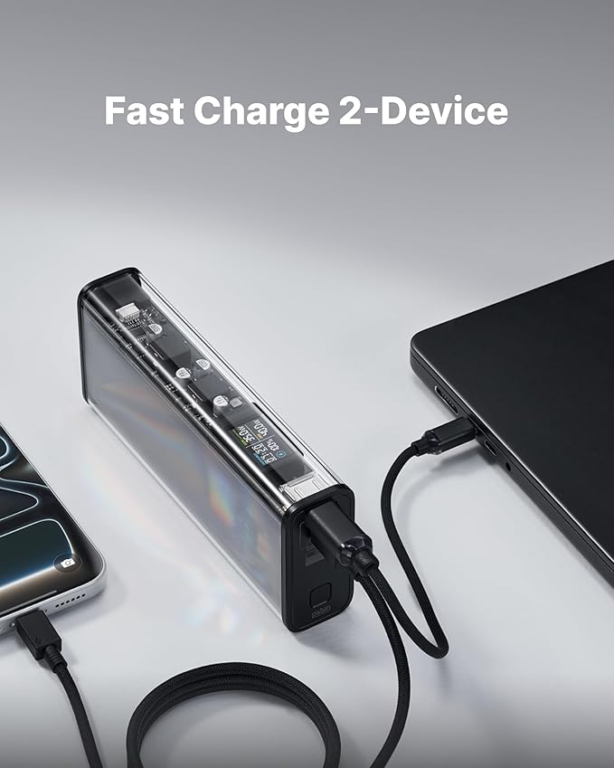 SHARGEEK 140 Power Bank, 140W Output 20000mAh Portable Charger with Screen Display, Transparent, USB C& USB A Port Laptop Power Bank for iPhone 17/16/15/14 Series MacBook Steam Deck