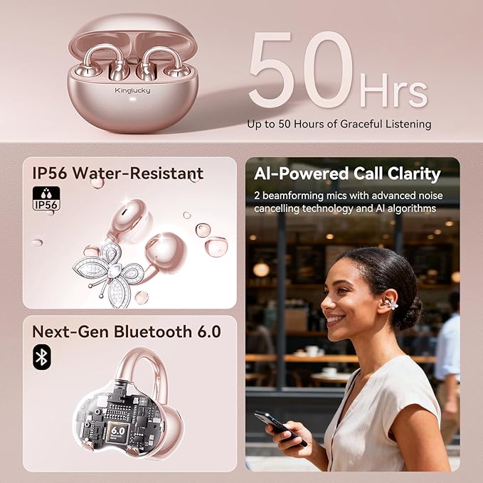 Kinglucky Clip-On Open Ear Earbuds with Detachable Butterfly Earrings, Bluetooth 6.0 Wireless Headphones for Women, 50H Playtime, Comfortable Fit for Small Ears, Sports, Glasses Wearers, Rose Gold
