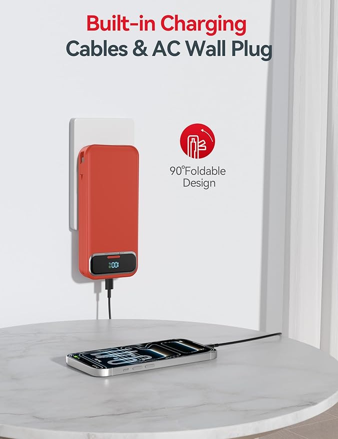 20000mAh Lightweight-Portable-Charger-Power-Bank with Built-in Cables and AC Wall Plug, PD20W USB-C Fast Charging Battery Pack, LED Display External Travel Phone Charger for All iPhone,Samsung,Android