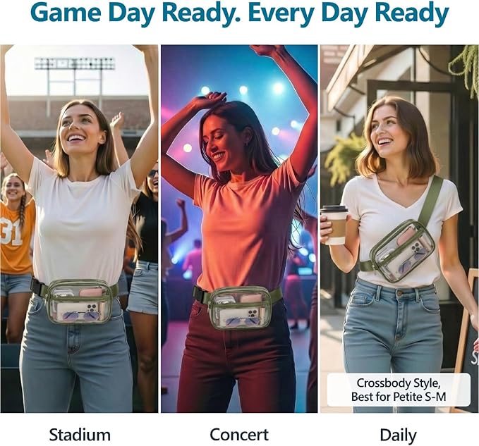 Veckle Clear Fanny Pack Stadium Approved - Plus Size 35-51 Inch Adjustable Strap Transparent Belt Bag for Women Men Fits 7.5" Smartphone, Crossbody Clear Bag for Stadium Events Sports Concerts, Green