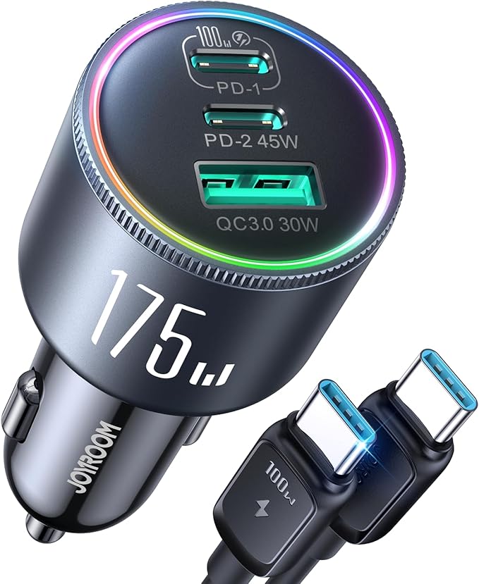 JOYROOM 175W USB C Car Charger Fast Charging, 3-Port Car Phone Charger PD100W+45W+USB30W Type C Car Charger Adapter with 100W USBC Cable Compatible with iPhone 16 Pro Max/16e, Samsung, iPad, Laptop