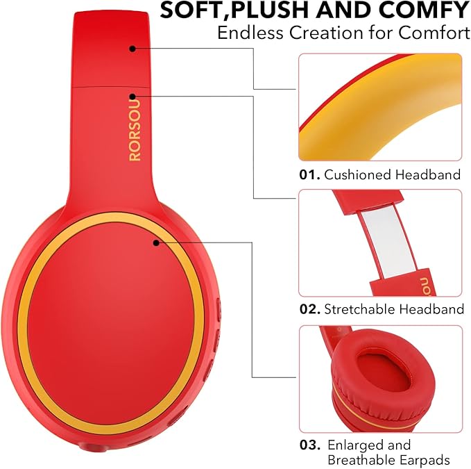 B10 Wireless Bluetooth Over-Ear Headphones, Lightweight Folding Stereo Bass Headset with Mic, 50H Playtime, Volume Control, Bluetooth 5.3 Headphones for iPad/Travel/Tablet/PC (Red)