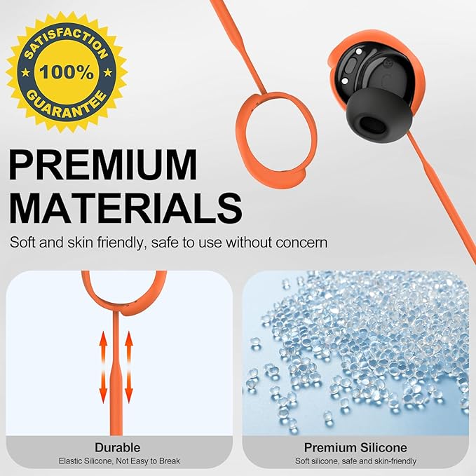 Compatible for Bose QuietComfort Earbuds (2024) Strap, Skin-Friendly Silicone Sports Neckband Wire Cord, Wireless Headphone Anti-Lost Strap, Black with Orange