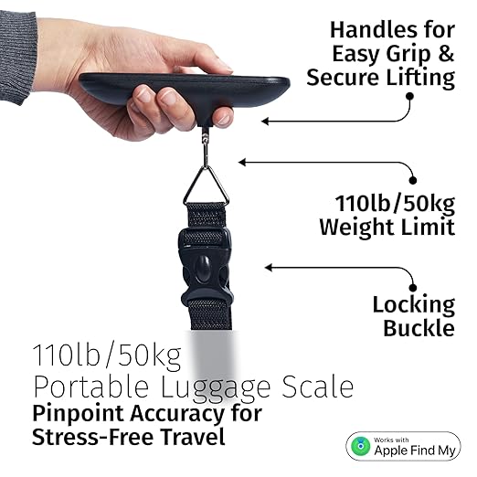 Slide Innovations Digital Luggage Scale with Apple Find My (iOS), Portable Suitcase Weight Scale & Tracker, LED Display Travel Baggage Scale up to 110 lb / 50 kg, Lightweight Airline Travel Accessory