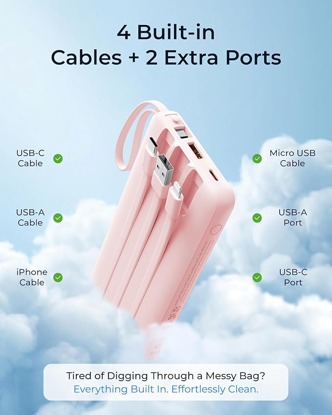 VRURC Portable Charger Slim 20000mAh Power Bank,22.5W PD Fast Charging Travel Essentials Powerbank 4-Built-in-Cables&2 Extra Ports Compatible with iPhone,iPad,Galaxy,Android (Pink)
