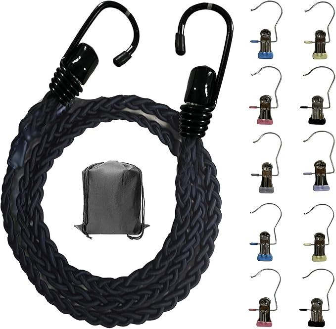 Universal Tri-Braided Cord Drying Clothesline, Retractable Portable Clothesline for Travelling or Camping. Laundry Drying Clothesline with Non-Slip Hook Clips for Indoor and Outdoor use