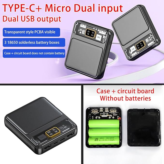 MOUDOAUER Charging Bank Solder Free Kit, Plastic Power Bank Box DIY Charging Case Power Display Free Welding Case for 3X 18650 Battery Parts