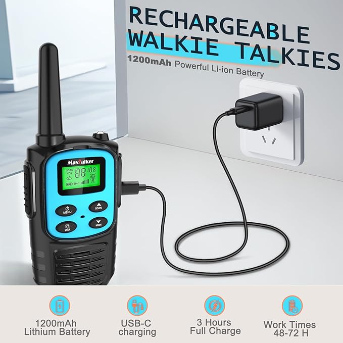 MaxTalker Walkie Talkies Long Range for Adult, MT10 Rechargeable Walkie Talkies FRS Two Way Radio, NOAA, 1200mAh Li-ion Battery USB-C Cable, LED Flashlight,VOX Walkie Talkie for Camping 2Pack (Blue)