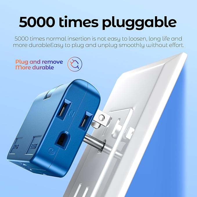 2-Pack Blue Outlet Splitter with 3 Prong Plug Extender - 3 Plug Wall Adapter, Converts 2 to 3 & 3 to 2 Prong, Ideal for Multiple Outlet Wall Plug Needs suitable for air travel/fits in carry-on luggage