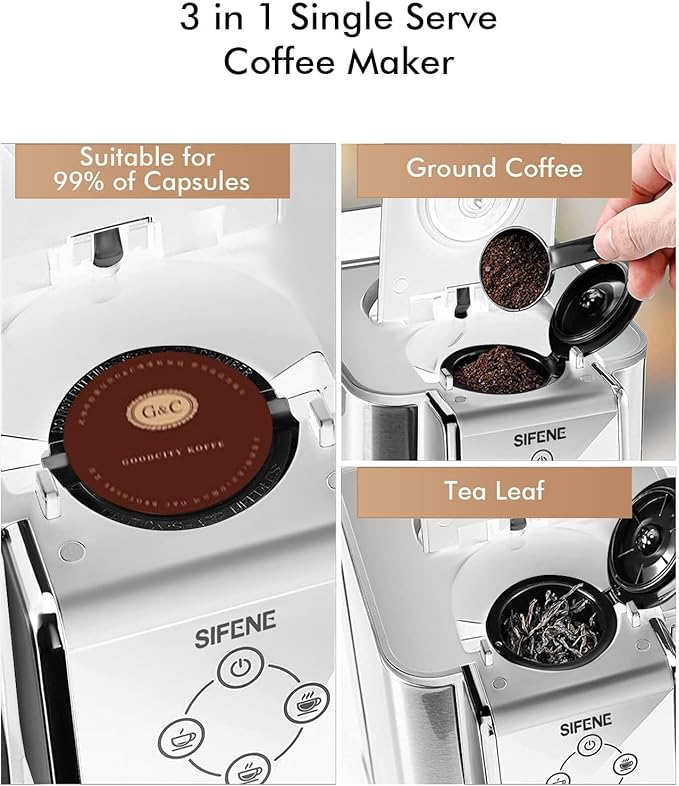 SIFENE Single Serve Coffee Machine, 3 in 1 Pod Coffee Maker For K-Pod Capsule, Ground Coffee Brewer, Leaf Tea Maker, 6 to 10 Ounce Cup, Removable 50 Oz Water Reservoir, White