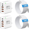 2Pack USB C Fast Charger Block, Total 60W 5-Port USB C Wall Charger with 6.6FT USBC to USBC Cord, 2USB C+3USB A PD 3.0 Multiport Charging Cube for iPhone 17 16 15 Pro Max, G-alaxy S26 S25 Ultra, i Pad