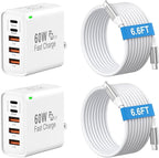2Pack USB C Fast Charger Block, Total 60W 5-Port USB C Wall Charger with 6.6FT USBC to USBC Cord, 2USB C+3USB A PD 3.0 Multiport Charging Cube for iPhone 17 16 15 Pro Max, G-alaxy S26 S25 Ultra, i Pad