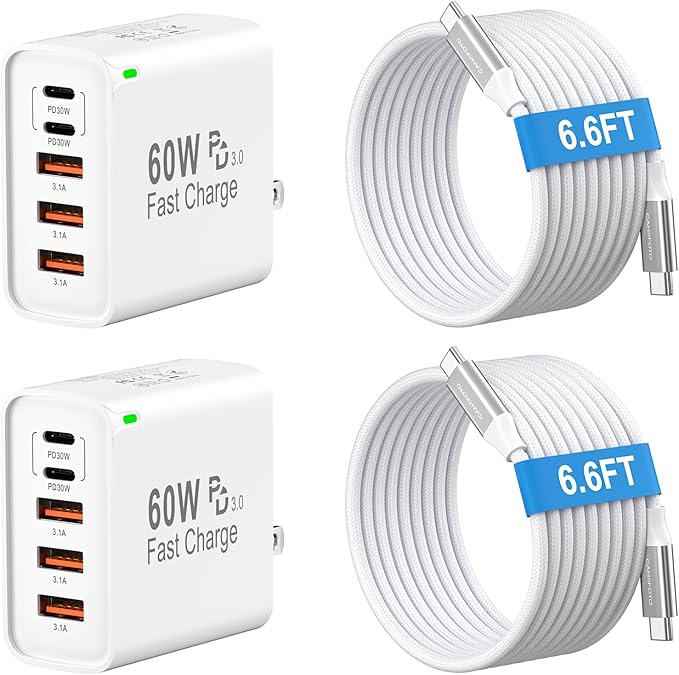 2Pack USB C Fast Charger Block, Total 60W 5-Port USB C Wall Charger with 6.6FT USBC to USBC Cord, 2USB C+3USB A PD 3.0 Multiport Charging Cube for iPhone 17 16 15 Pro Max, G-alaxy S26 S25 Ultra, i Pad