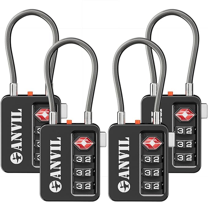 ANVIL TSA Locks for Luggage with Search Alert: Durable Cable Combination Locks, TSA Approved - Secure Travel Locks for Suitcases, Backpacks & Gun Cases (4, Black)