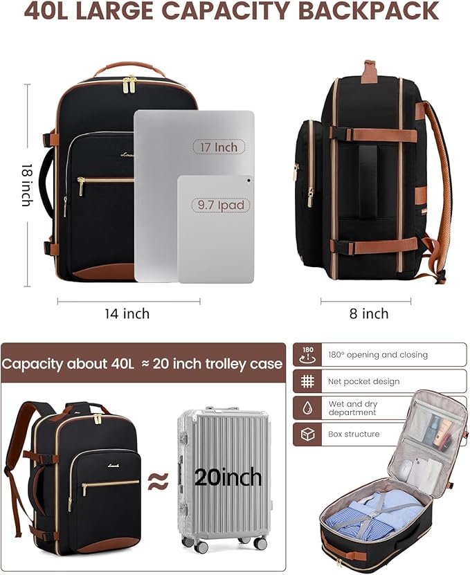 LOVEVOOK 40L Travel Backpack for Women & Men, Airline Approved Carry On Luggage with 3 Packing Cubes, TSA Overnight Bags, Waterproof Personal Item Bag, Weekender Essentials Backpacks fits 17" Laptop