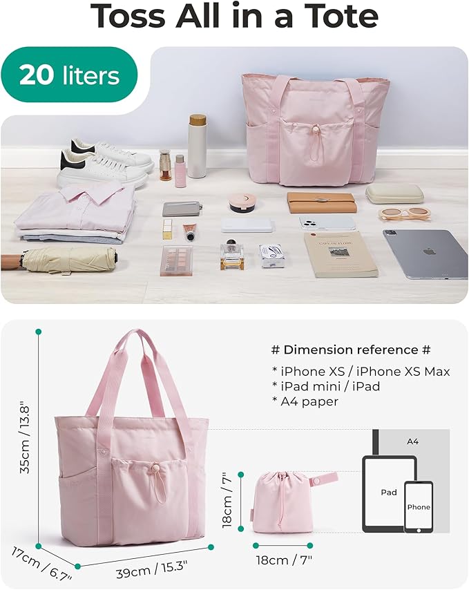 BAGSMART Foldable Tote Bag with Drawstring Bag, Tote Bag Shoulder Bag Top Handle Handbag for Travel, Work, Beach, Gym